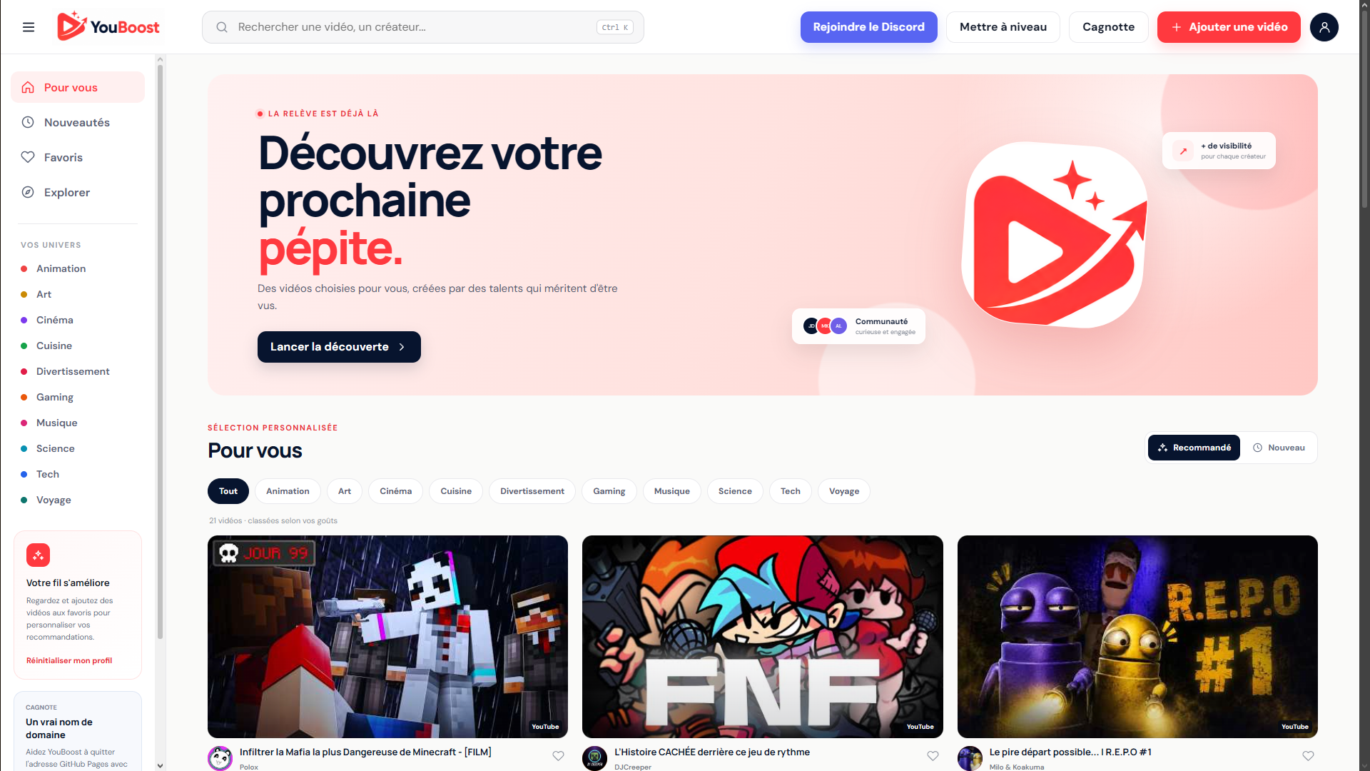 Page d’accueil de la plateforme YouBoost